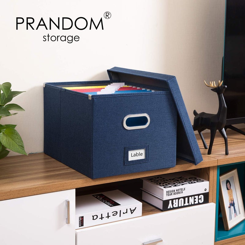 PRANDOM File Organizer Box - Set of 1 Collapsible Decorative Linen Filing Storage Hanging File Folders with Lids Office Cabinet Letter/Legal Size Navy Blue (17x14x11.2 inch) - Image 2